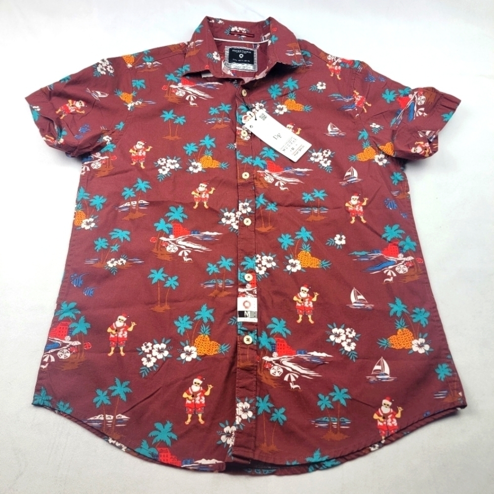 NWT Denim & Flower guitar Santa tropical Christmas holiday button down shirt